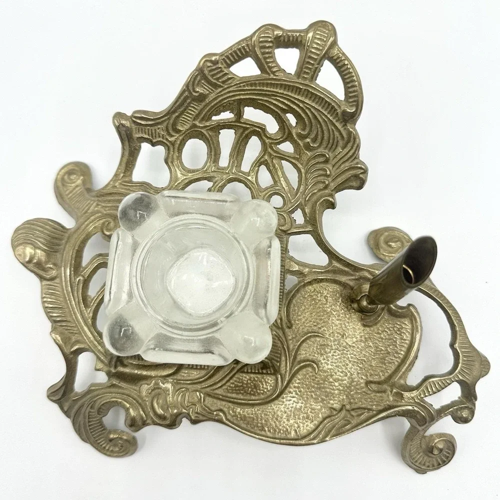 Vintage Heavy Brass Inkwell Pen Holder Art Nouveau Celluloid Fountain Pen Ink